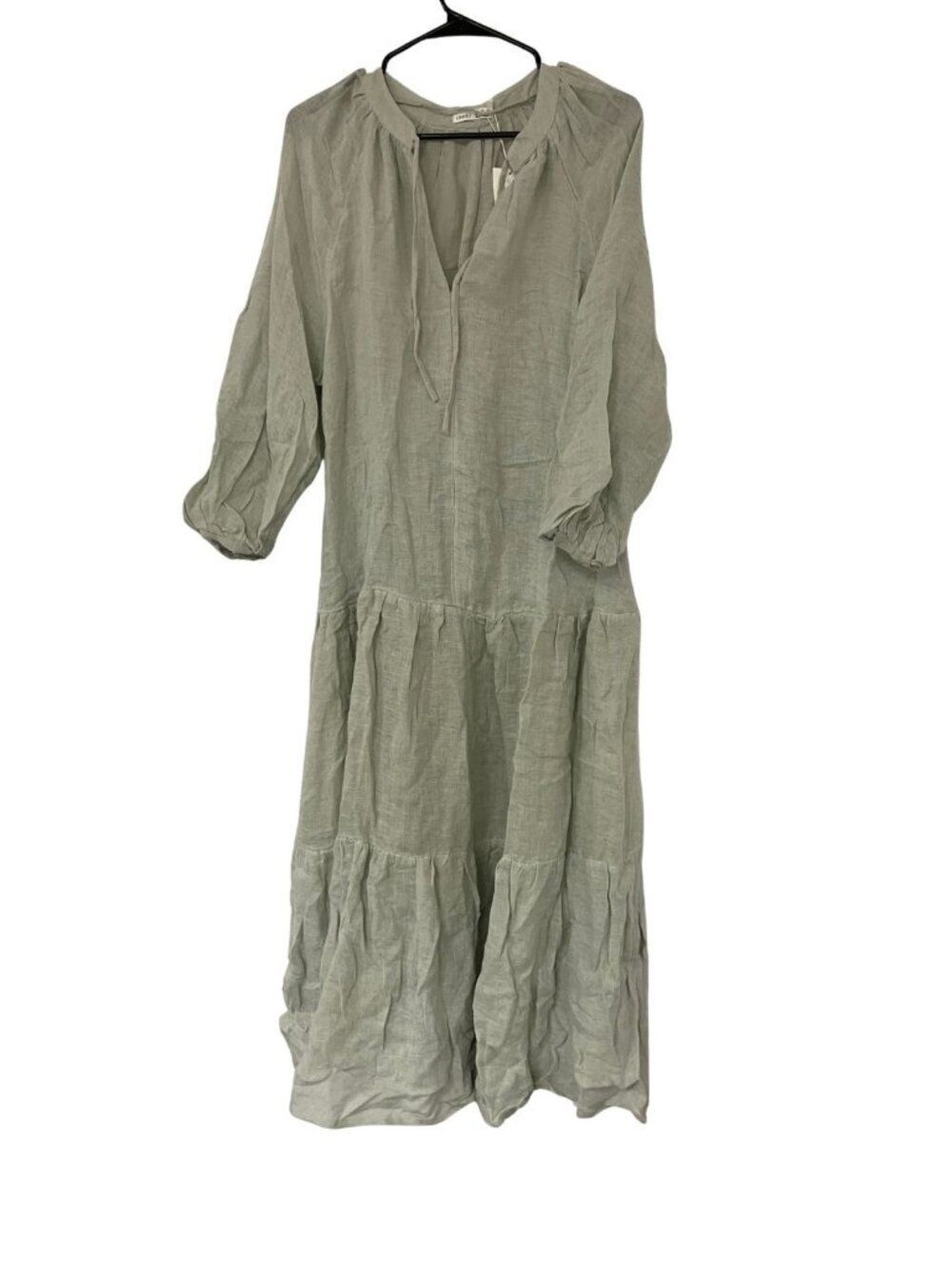 Oysho Womens Shift Dress S Green blue 100% Linen Tiered Vneck Midi 0758/190 NWT